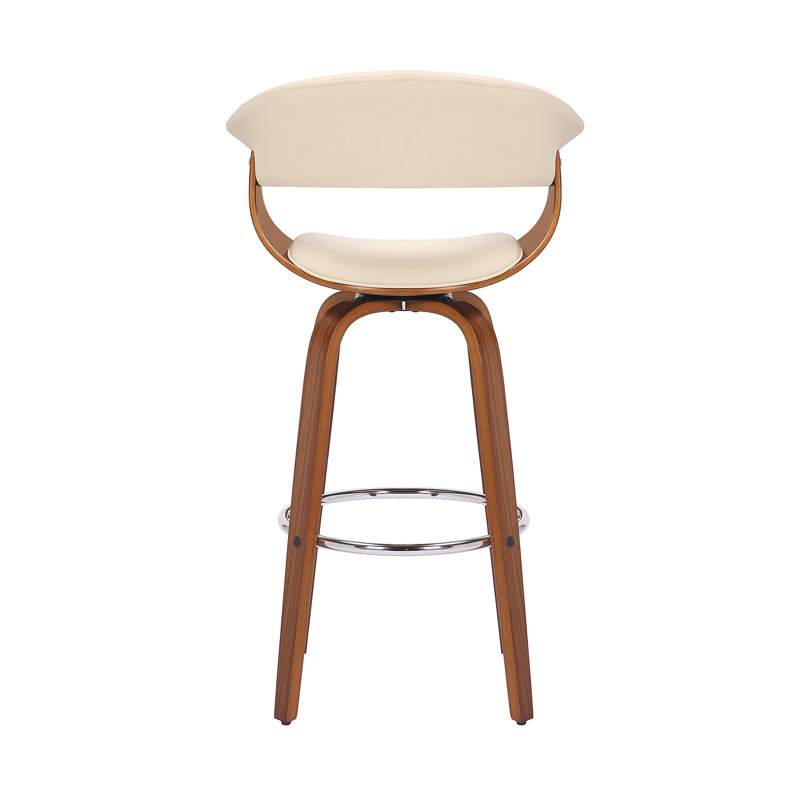 Tabouret de bar avec accoudoirs et dossier ouvert en similicuir Chagnon, Crème, Bois de noyer