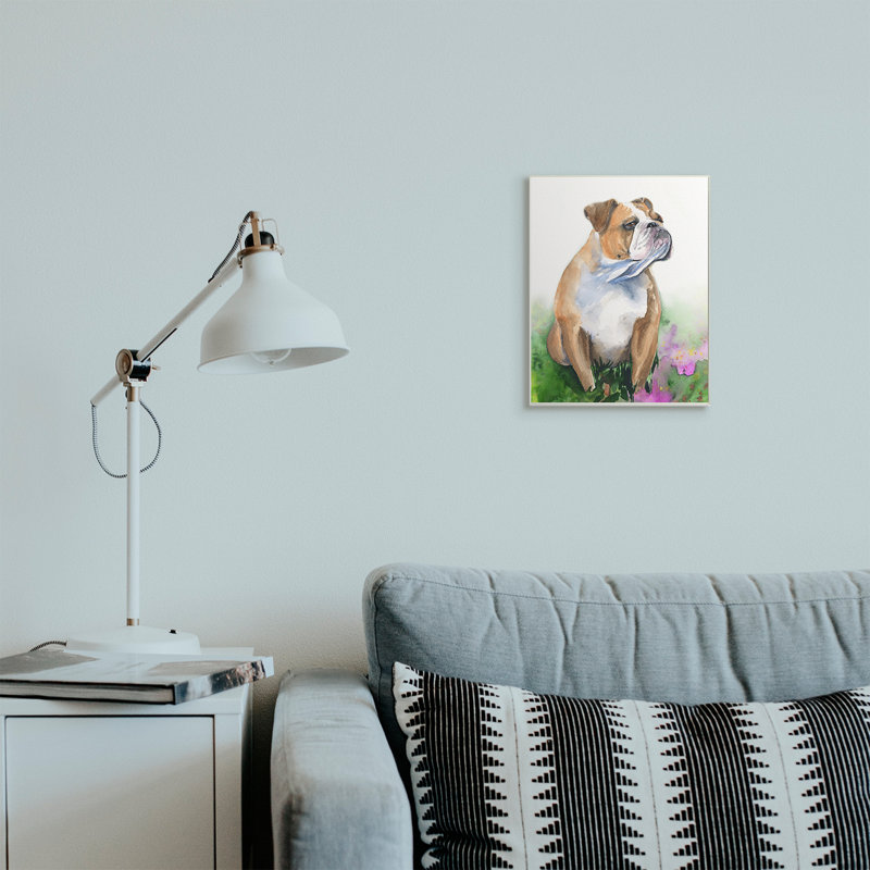 Bouledogue anglais, fleurs d'herbe, aquarelle douce, H 15 po x l 10 po, Plaque murale