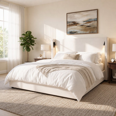 California King Size Upholstered Bed Frame with High Wingback Headboard, Built-in Reading Lamp and USB Charging Ports, Sturdy Heavy-Duty Construction with Comfortable Padded Support