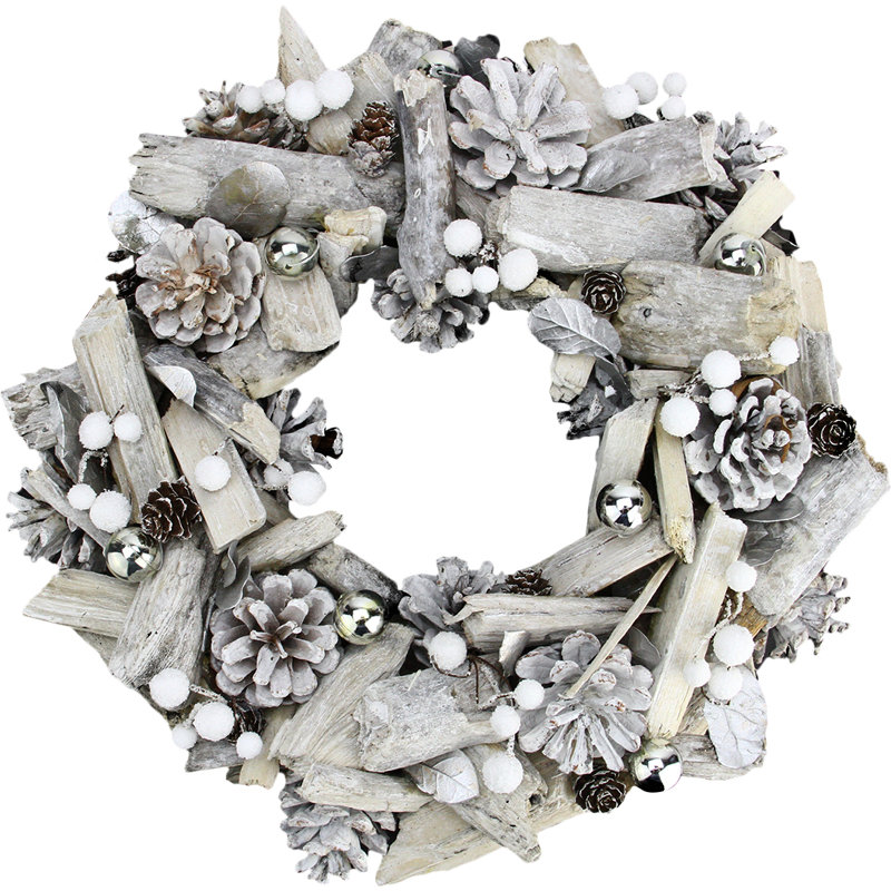 Couronne de Noël artificielle blanche en bois flotté et pomme de pin - non éclairée 13 pouces