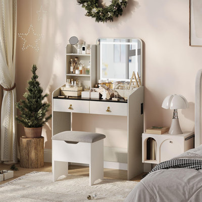 Vanity Table Set with LED Light Mirror and Charging Station, Small Makeup Desk with Drawers, Stool and Adjustable Brightness for Bedroom