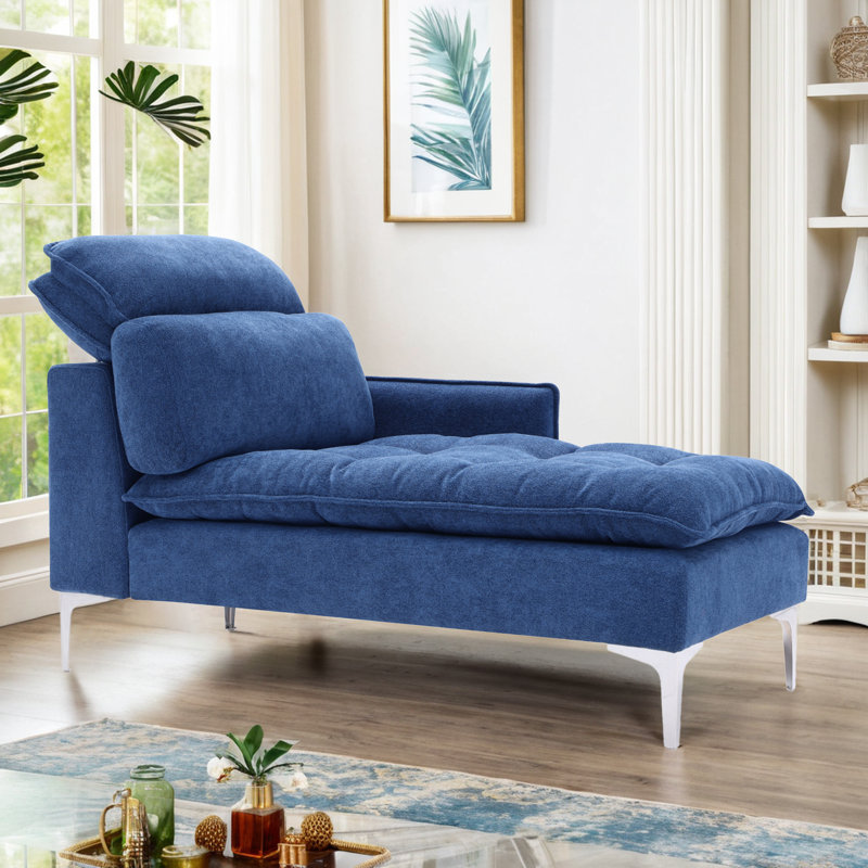 Chaise longue rembourrée Meshawn avec appui-tête réglable, Lin bleu marine