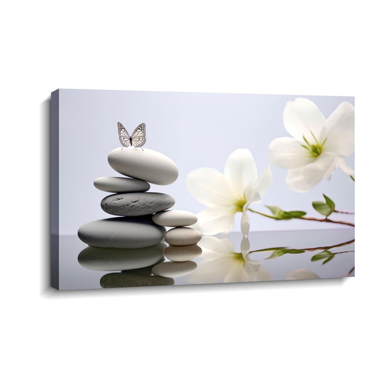 Zen Canvas Wall Art Lotus Picture Bathroom Wall Decor Blue Poster Spiritual Meditation Artwork Spa Stones Butterfly Prints For Yoga Room Home Decor Framed(12.00X18.00 Inch)
