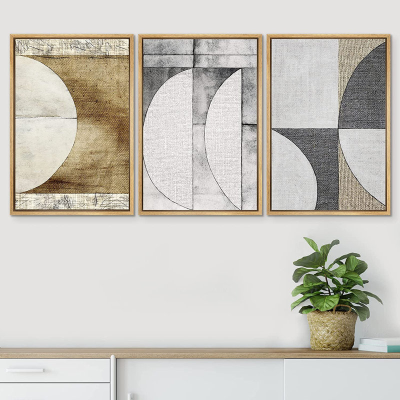 «Mid Century Shape Demi-Circle Polygon Collage», Abstrait, géométrique, illustrations, minimalisme - 3 pièces, cadre flottant, impression sur toile