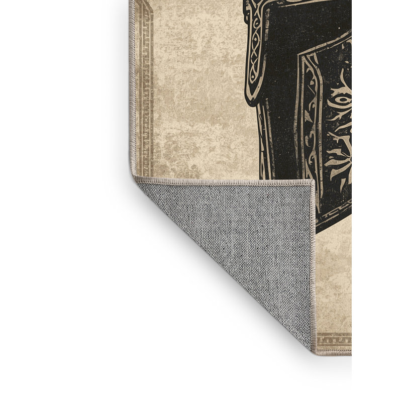 Tapis beige traditionnel lavable à la machine à motif de casque Viking Coalmont - Reliure beige, 8 x 12