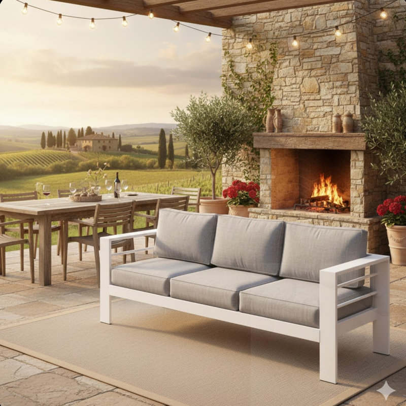 Canapé de patio 3 places avec coussins, Gray, White