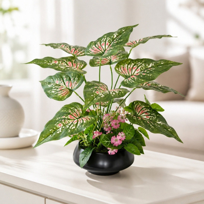 Plante artificielle de qualité supérieure avec fleurs roses en pot noir