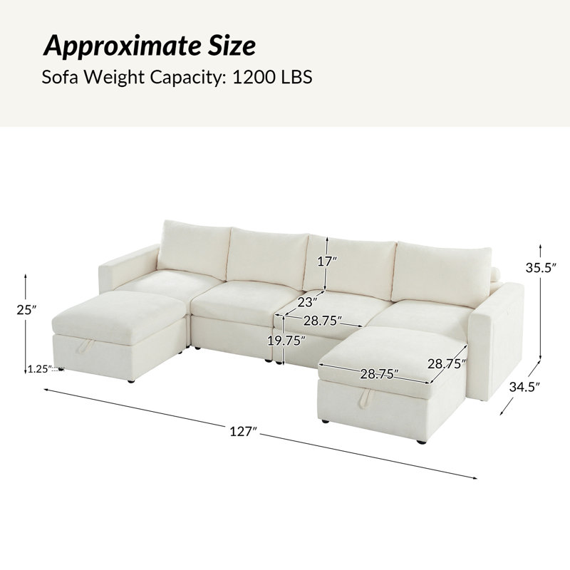 Doulyn 6-Piece Storage Modular Sectional Sofa with Multi-Functional Armrests, Beige Polyester Blend