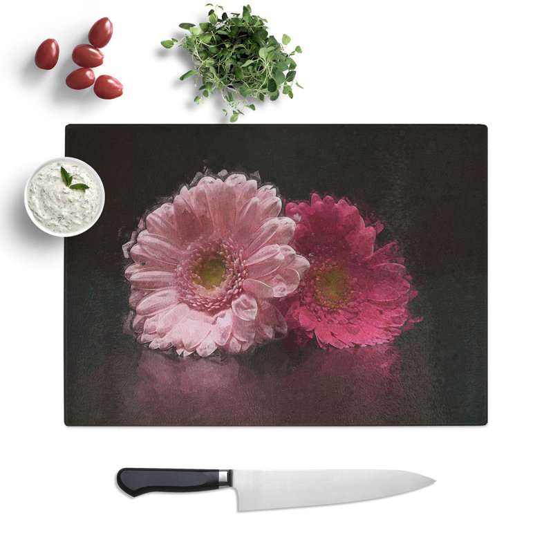 Tempered Glass Two Pink Gerbera Flowers in Abstract Chopping Board, 28.5 cm W x 20 cm L