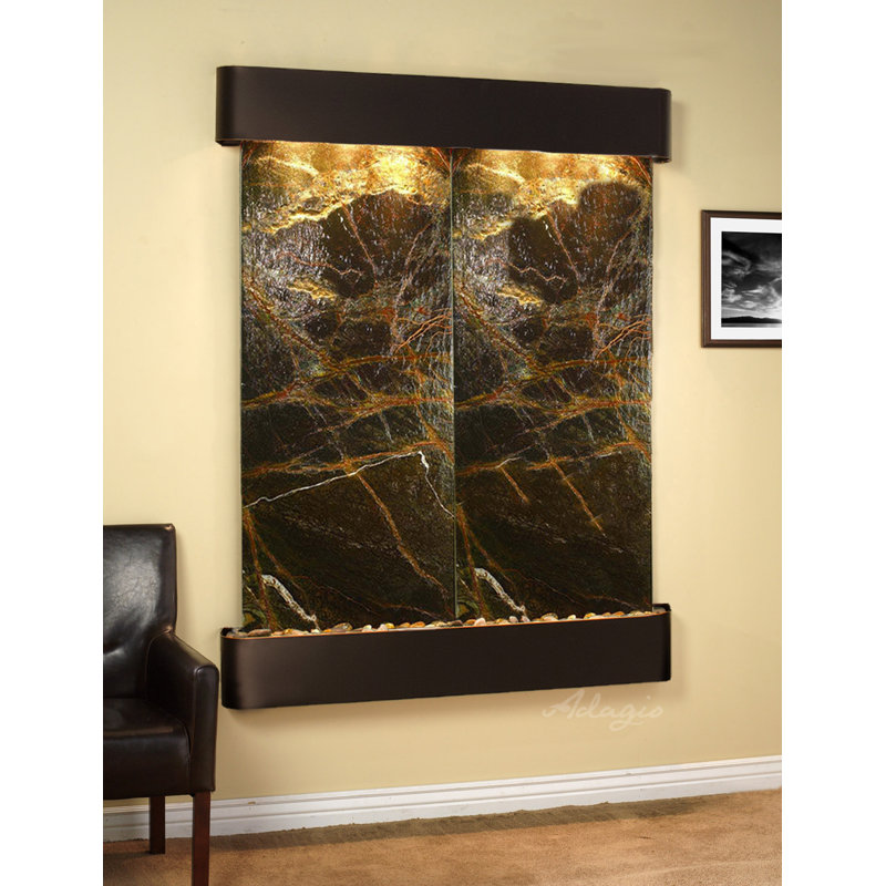 Majestic River Indoor Natural Stone Waterfall Fountain with Lights, Blackened Copper, Rainforest Green Marble