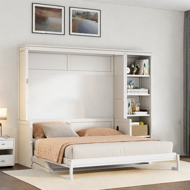 Lit escamotable Liftup avec bureau et tablettes, bois de pin massif et panneau de fibres à densité moyenne, Blanc, Grand