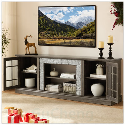Modern TV Stand with 2-Door Storage, Faux Stone Media Console Cabinet, Large Entertainment Center for Living Room