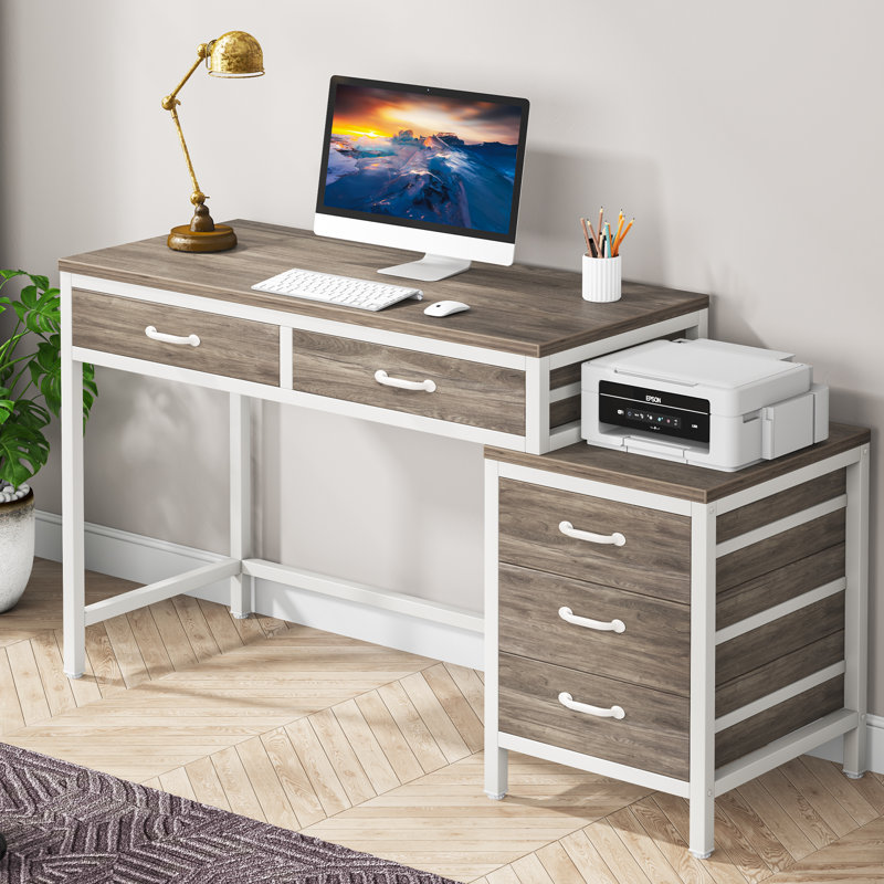 51''W Reversible Desk with Drawers, Light Gray/White