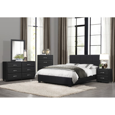 Mobilier de chambre à coucher contemporain avec lit plateforme double en similicuir noir