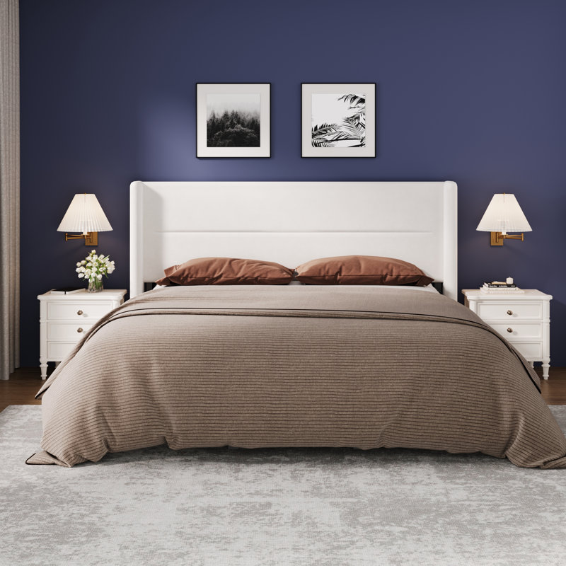King Size Bed Frame with Wingback Headboard, Velvet Upholstered Platform Bed Frame with Sturdy Wooden Slats Support, No Box Spring Needed, Easy Assembly, White