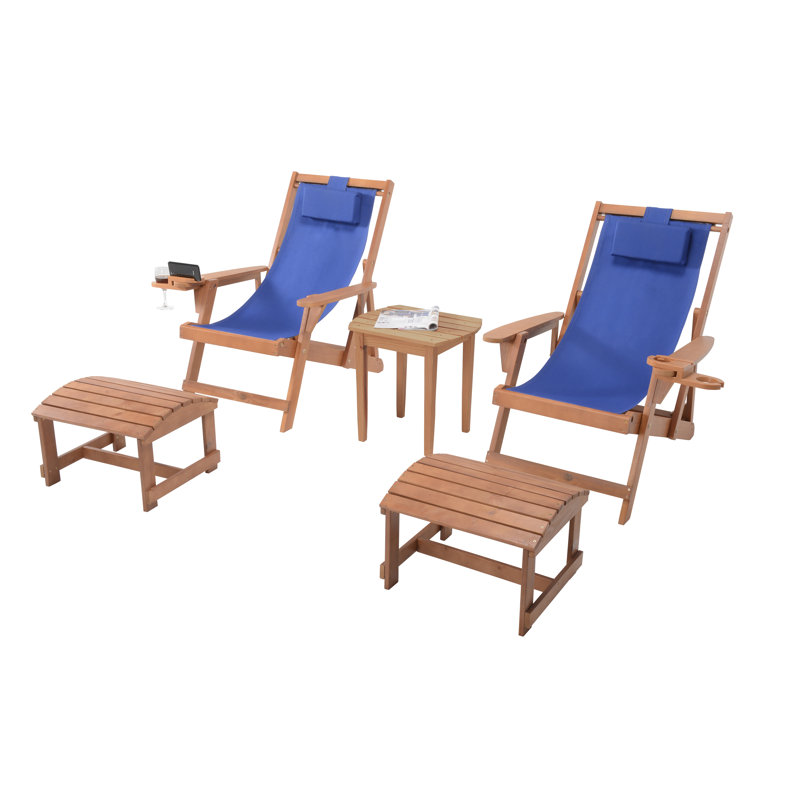 Folding Deck Chair, Walnut, Blue