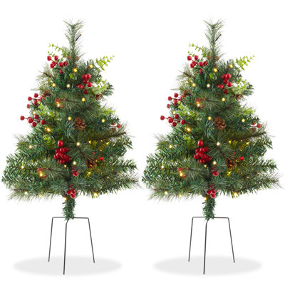 2 arbres de Noël d'extérieur 24,5 po, baies rouges et lumières DEL