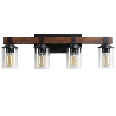 Applique murale de salle de bain 27 po à 4 lumières rustique 27 po avec abat-jour en verre et accent de bois, luminaire de maison de campagne moderne (sans ampoules)