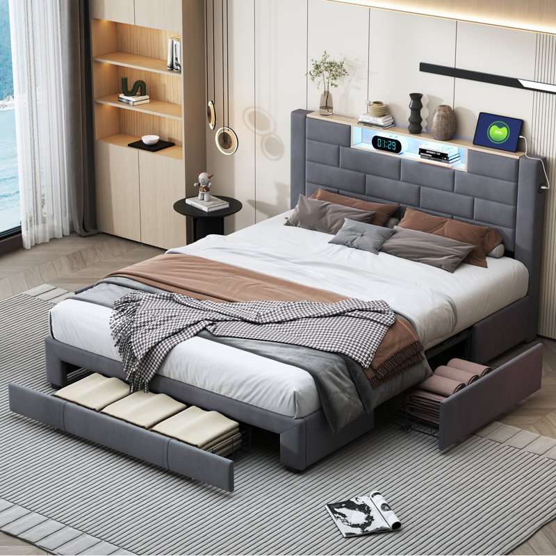 Torfred Velvet Ottoman Storage Bed With LED Headboard Shelf & USB Charging Ports, Double (4'6)
