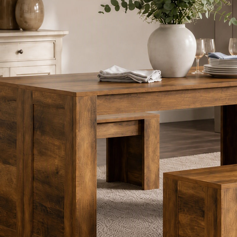 Ensemble de table de salle à manger 55 ", table de cuisine en bois pour 4 à 6 personnes avec 2 bancs, Brun rustique