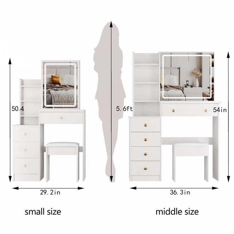 29.2" Small Size Vanity Table + Cushioned Stool, White