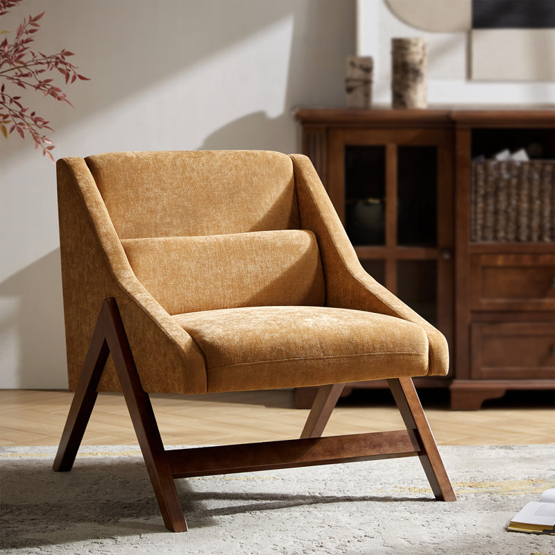 Venancio 28"W Mid-Century Modern Upholstered Arm Chair With Solid Wood Legs And Lumbar Pillow, Mustard Polyester