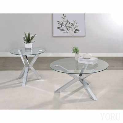Table d'appoint chromée ronde en verre trempé
