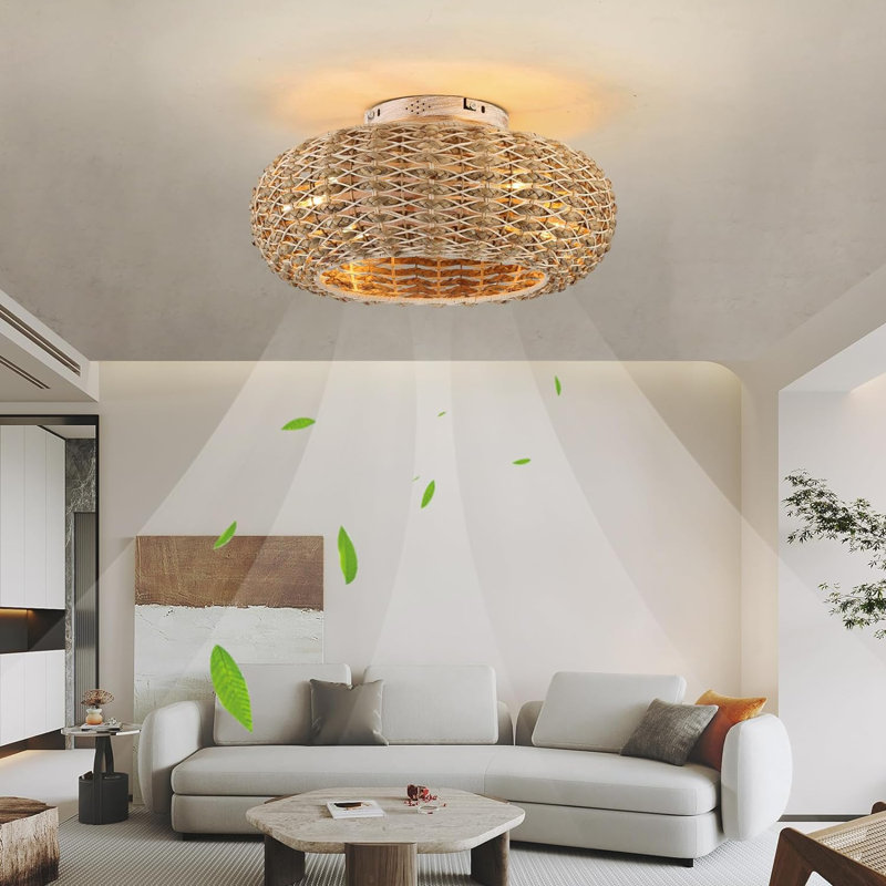 Fandelier Ceiling Fan with Light Kit,20 Inch Rattan Fans And Remote Control,Boho Caged Handwoven,Flush Mount Low Profile 6 Speeds for Bedroom, Living Room,Dining Room,Yoga Room