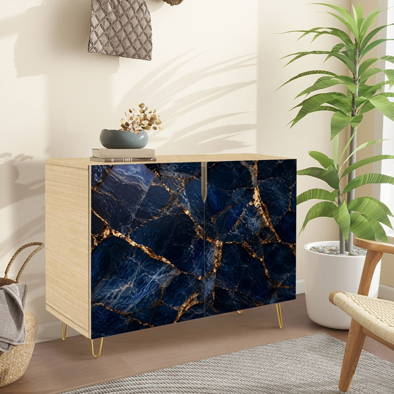 Buffet Buffet avec rangement Luxueux marbre bleu foncé veines dorées avec 2 portes pour le salon et la cuisine