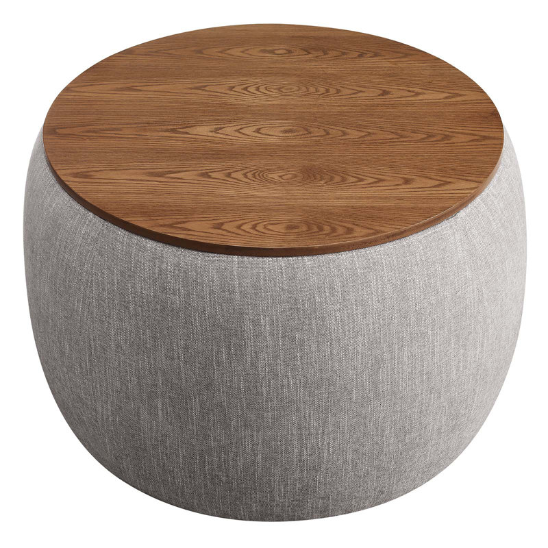Modway Perla 26" Wide Round Storage Ottoman, Heathered Weave Wheat Fabric