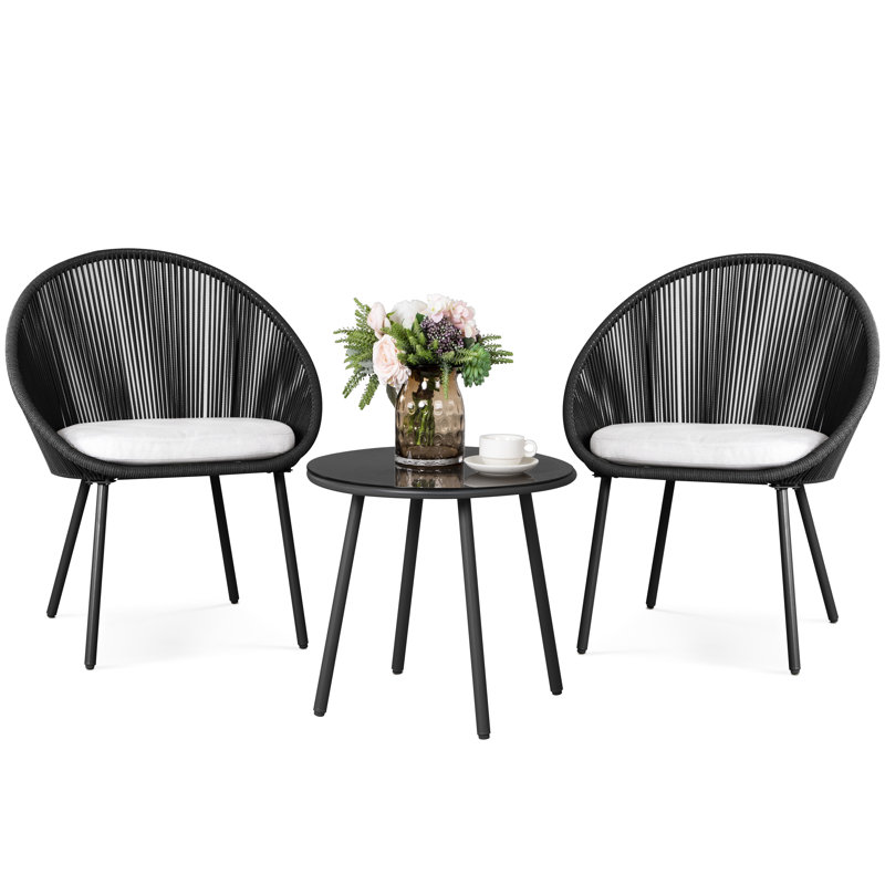 Kulp 3-Piece Patio Bistro Set, Outdoor Conversation Chair Set Balcony with Tempered Glass Coffee Table and Light Gray Cushions, Water-Resistant Woven Rope for Poolside