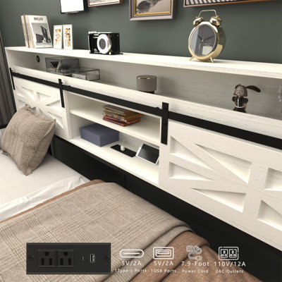 Lit de jour simple avec lit gigogne, structure de lit de jour de ferme avec tête de lit avec porte de grange coulissante et station de charge et lumière DEL pour chambre à coucher et chambre d'amis, blanc
