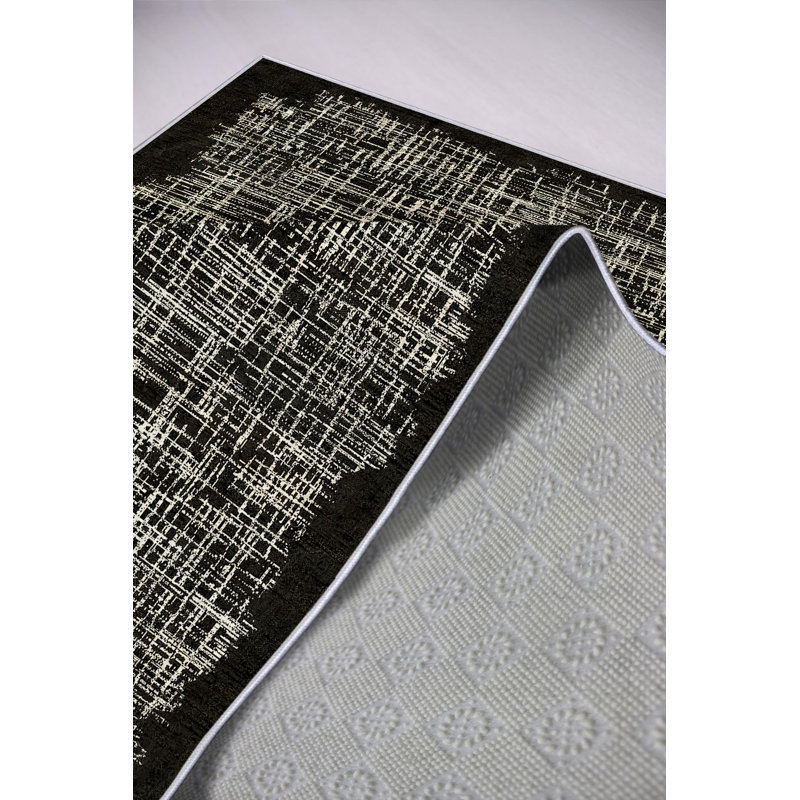 Stylish Area Rug (5.2 x 7.5 ft), Black, 100% Polyester | 650 g/m², 0.2 in Pile Height, Antibacterial & Eco-Friendly, Non-Slip PVC Dot Underside | Machine Washable, Perfect for Living Room & Bedroom Decor