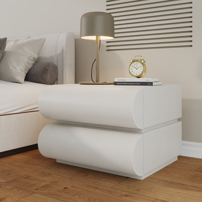 White Leather Wrapped Modern Nightstand with 2 Solid Wood Drawers