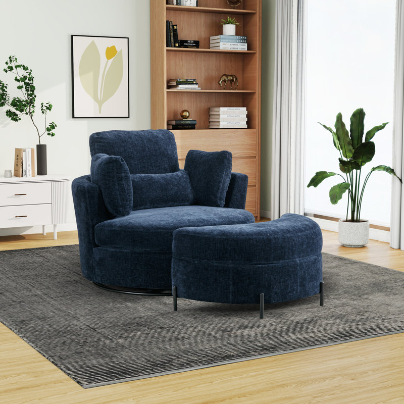 Achorn Upholstered Slipcovered Swivel Barrel Chair with Ottoman, Navy Chenille