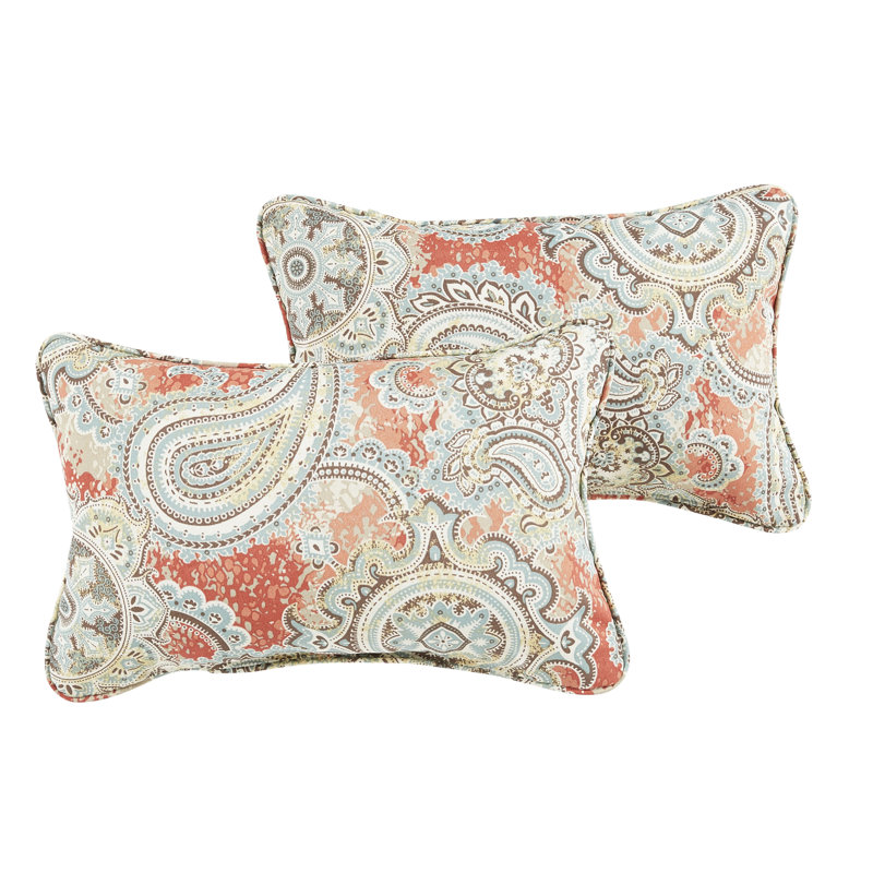 Ensemble de 2 coussins d'extérieur, Bleu sarcelle / blanc / cachemire orange