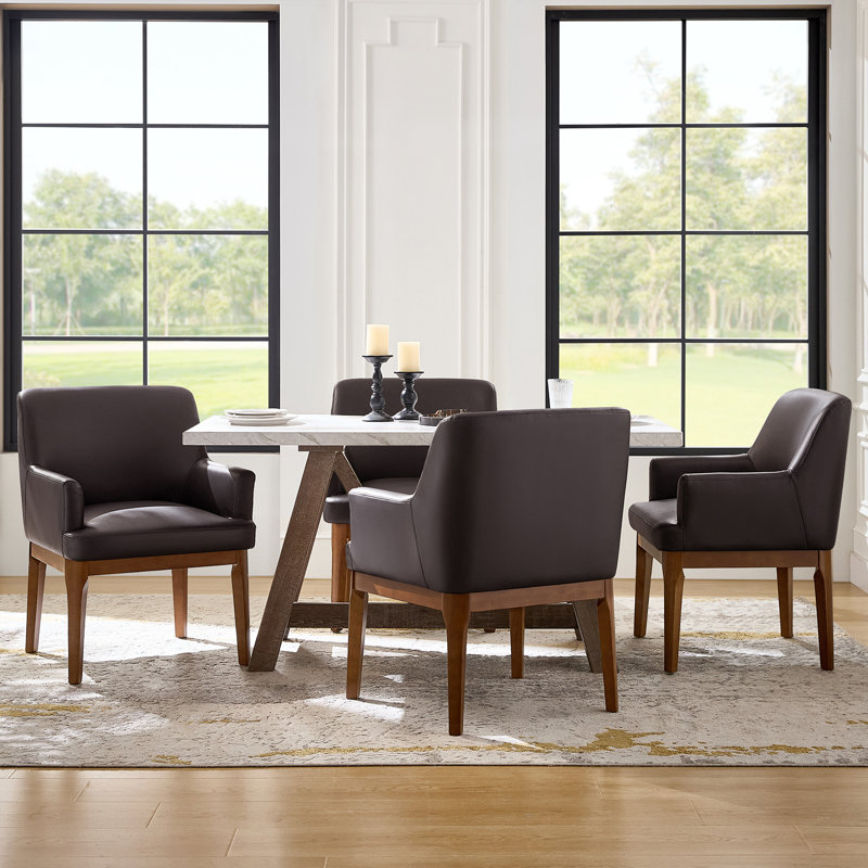 Glenys 24.5"W Mid-Century Modern Leather Dining Chair Set With Solid Wood Legs, 4, Brown