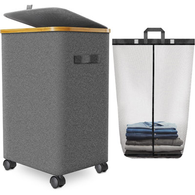 Laundry Hamper With Wheels,20 Gal (75L) Laundry Basket With Lid Rolling Clothes Hamper Foldable Dirty Clothes Basket On Wheels With Bamboo Frame And Bag For Bedroom, Dorm, Laundry Room