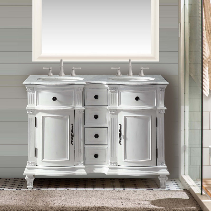 Ensemble de meuble-lavabo double 48 po Adoncia, Marbre de Carrare, Blanc antique