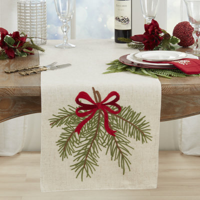 Chemin de table brodé de branches de pin et de nœuds de Noël, 40 x 178 cm, nappe de salle à manger en lin mélangé pour les fêtes