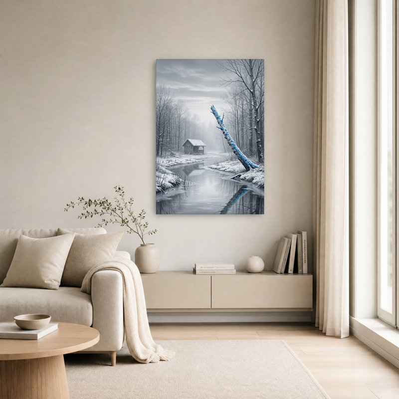 Impression sur toile Snowy Forest Stream avec Blue Lichen Log, H 24 po x l 16 po