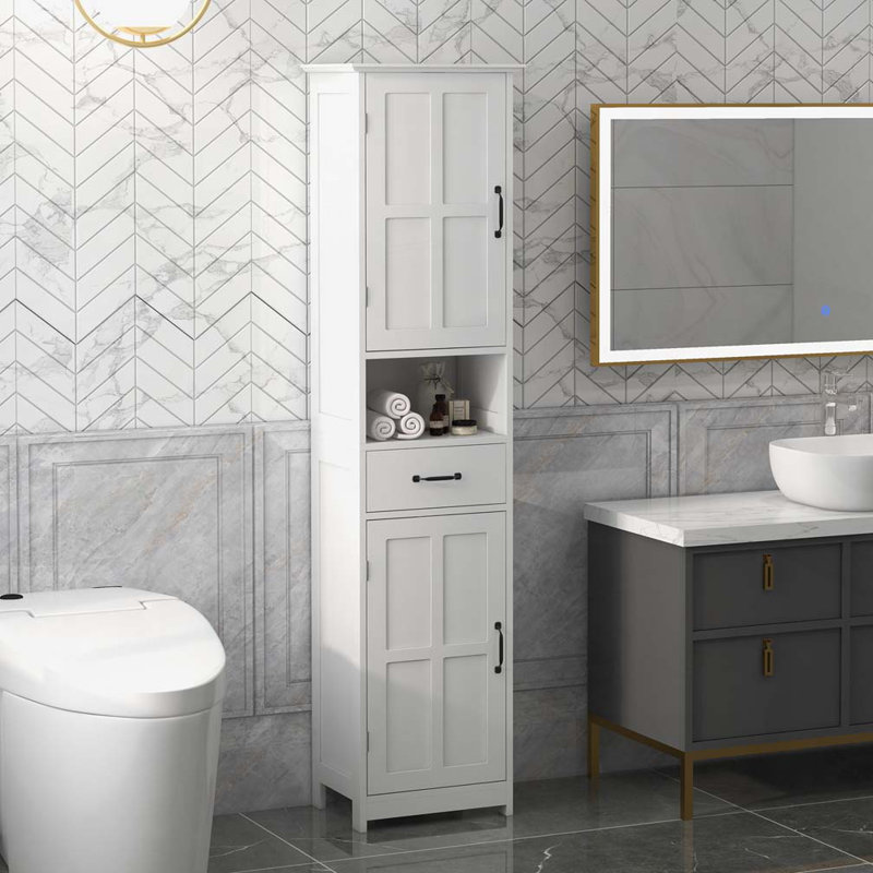 Armoire de rangement pour salle de bain avec tablette ouverte, tiroir, portes encastrées et tablettes réglables
