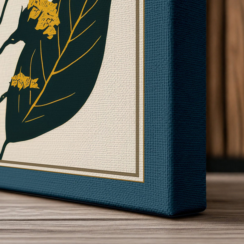 Yellow Flowering Plant Botanical - Wrapped Canvas, 30x20 - 76.2 x 50.8 cm, Teal Border