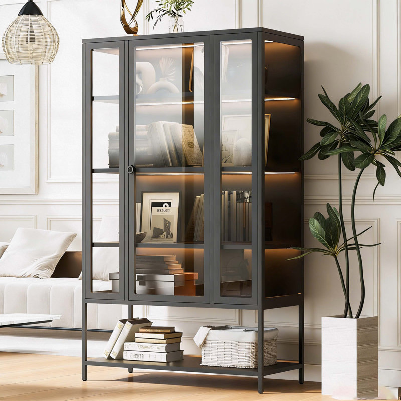 67.25'' Tall Iron Display Cabinet with Glass Door and LED Lights Steel Curio Cabinet for Collectibles Figures Trophies 3-Sided Glass Display Case for Home Office Study Room Stores Playroom - Black