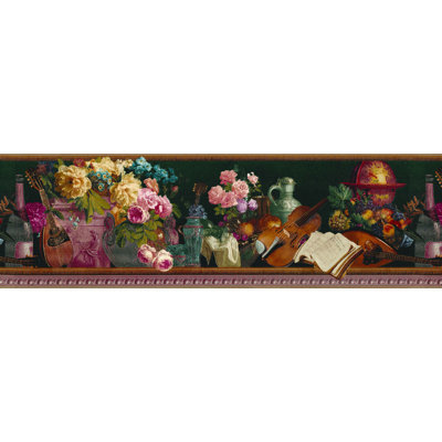 Bordure de papier peint pré-encastrée - rétro bleu, gris, rose, fleurs mauves, vase, bordure rétro violoncelle, 15 pi X 6,8 po