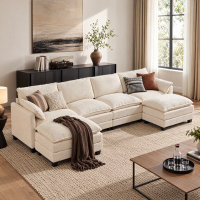 Canapé d'angle Cloud Couch de 340 cm (133,8 po), canapé modulable en forme de L, canapé 6 places profond en chenille avec 6 coussins amovibles et lavables et 2 poufs pour salon, chambre ou appartement