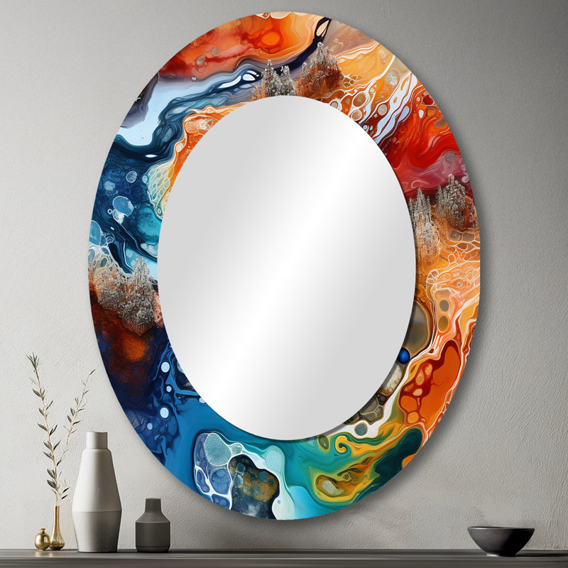 «Roger», art mural en métal imprimé géométrique abstrait - formes abstraites, miroir bleu, 43 po x 33 po, Ovale