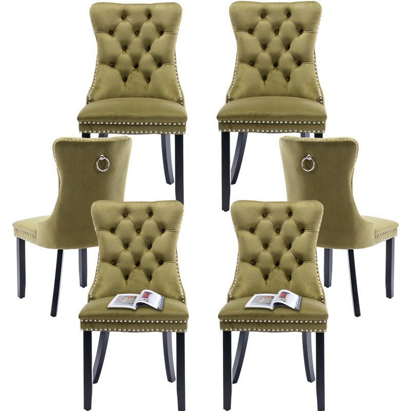 Olive Velvet Upholstered Dining Chairs with Nailhead Trim, Set of 6