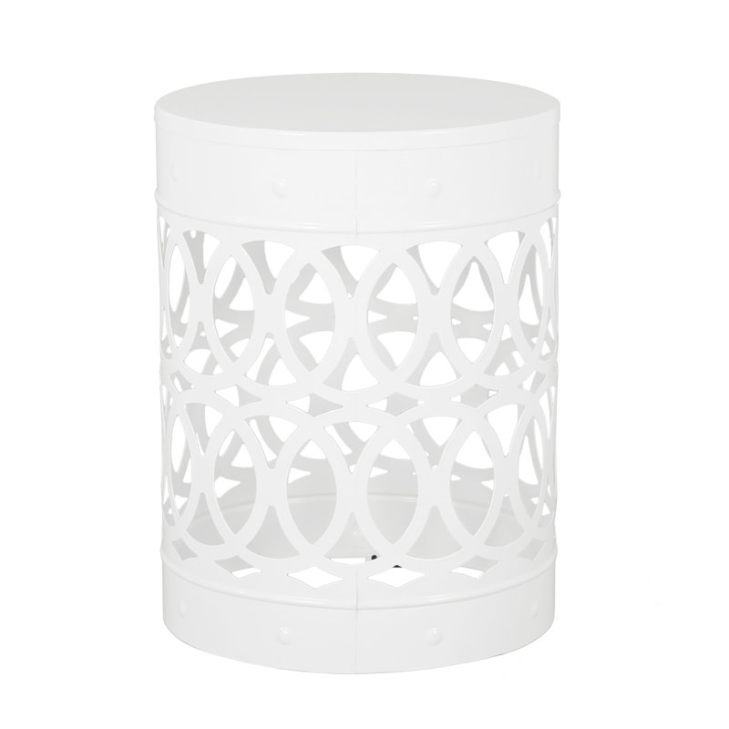 Feio Outdoor Side End Table 14 Inch Round Geometric Pattern White Iron, White