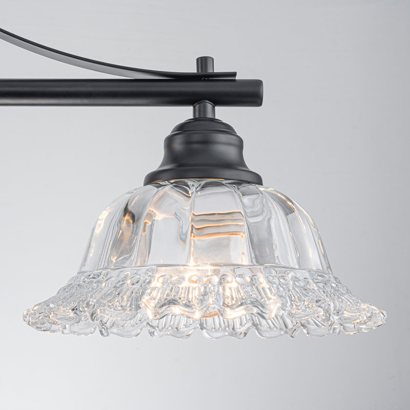 3 - Light Linear Glass Chandelier With Floral-Inspired Shade, Matte Black